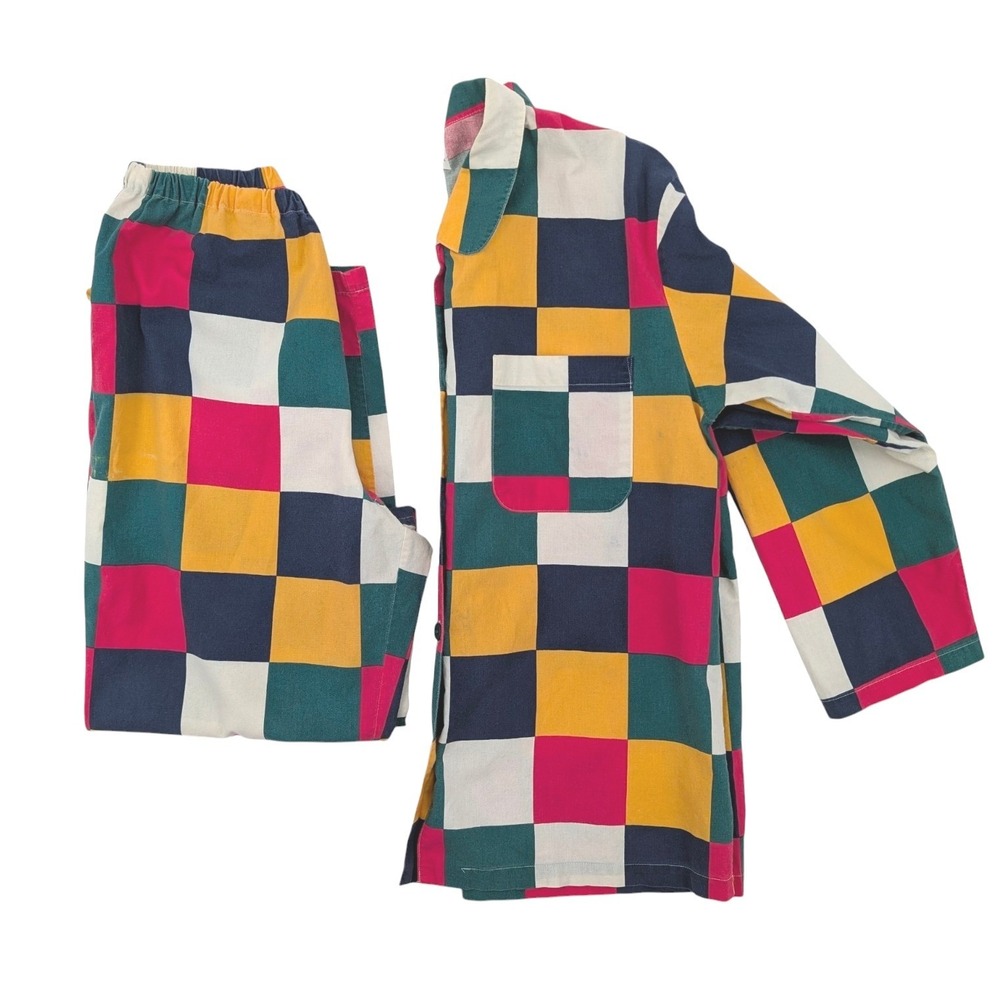 Vintage Sunday Ross Japan Colorblock Pajama Set‎ M Cotton Lounge Sleepwear 2 Pc